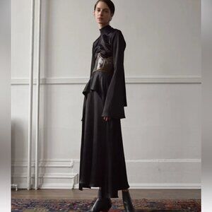 Beaufille Long Sleeve Mock Neck Open Back A Line Midi Dress, size 8